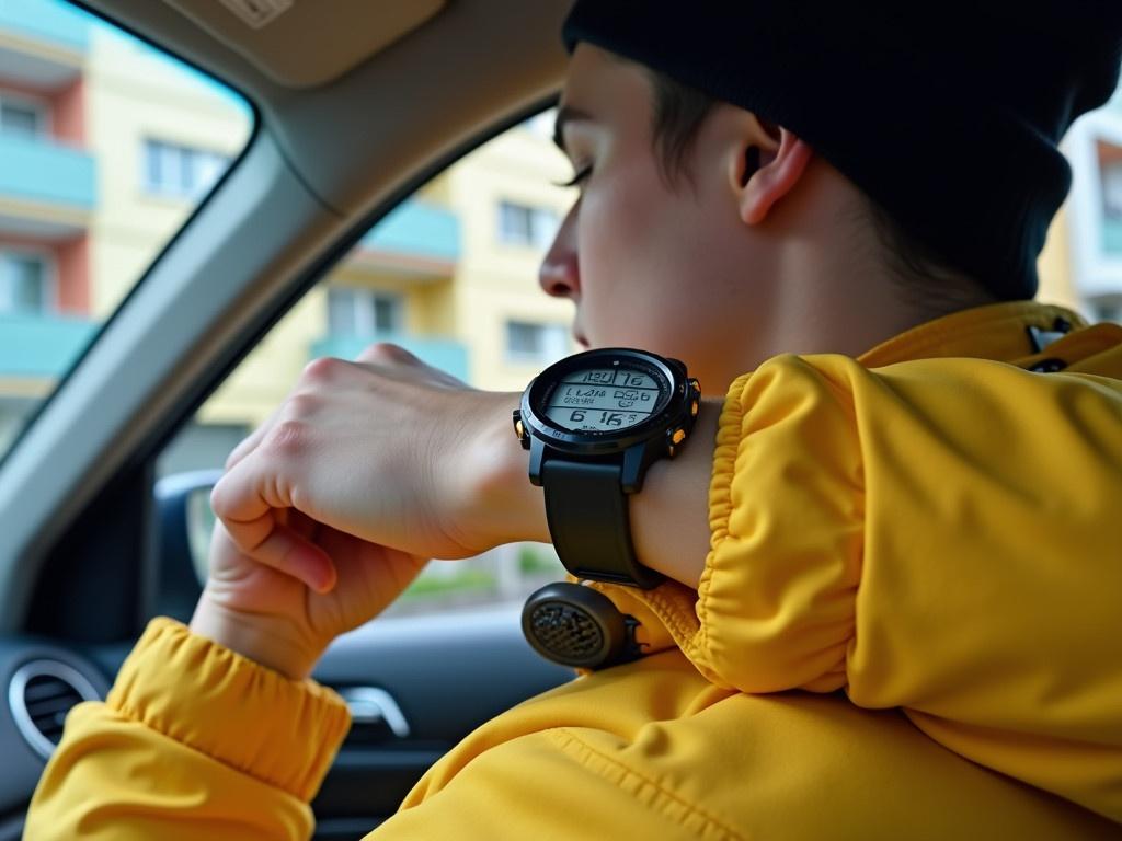 A person is sitting in a car with a focus on their wrist, which is wearing a digital watch. The watch has a clear display showing various readouts, including time, date, and other data. The individual is wearing a yellow jacket with a zipper and has a black beanie on their head. The interior of the car is visible, indicating a casual setting. In the background, you can see colorful apartment buildings with balconies.