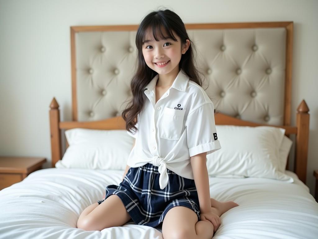 The image shows a young woman sitting on a bed, smiling warmly at the camera. She is wearing a white shirt tied at the waist and a blue plaid skirt, creating a casual yet stylish look. Soft natural light coming through a window illuminates the scene, giving it a fresh and inviting atmosphere.