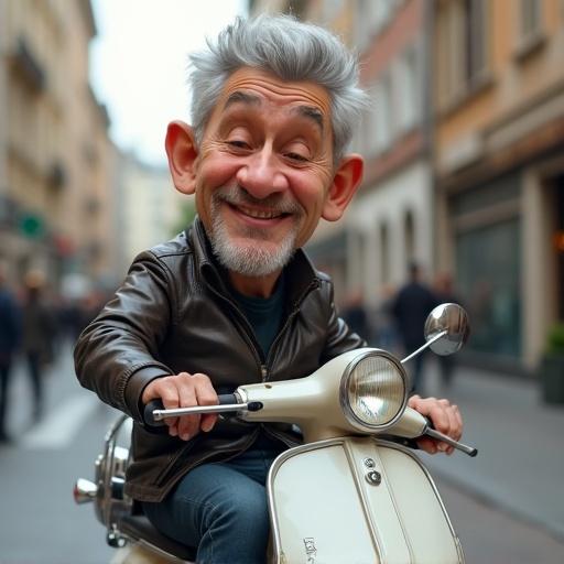 4D caricature of a man with grey hair wearing a jacket riding a vespa motorbike in a street background styled hyper realistic