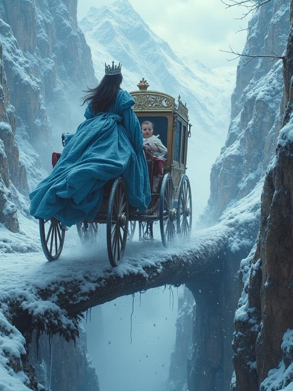 A majestic royal carriage travels through a snowy mountain pass. Queen wearing a blue gown sits beside the King. The scene is set in a dramatic winter landscape with a treacherous icy chasm. The royal couple is in a state of urgency. There are elements of danger and fantasy present in the surroundings.