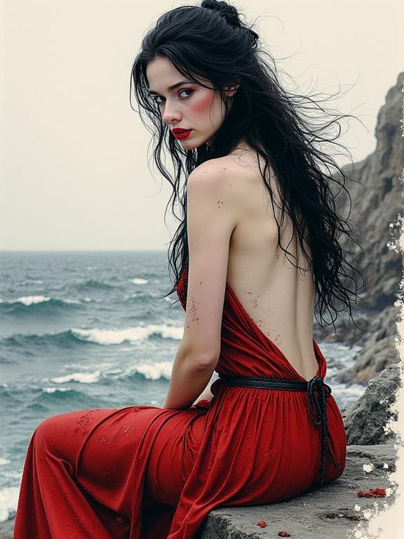 Portrait of a raven-haired goddess in a red dress near the sea. She looks over her shoulder with a sad expression. The dress is backless and wet. The background features a rocky coastline and turbulent waves.