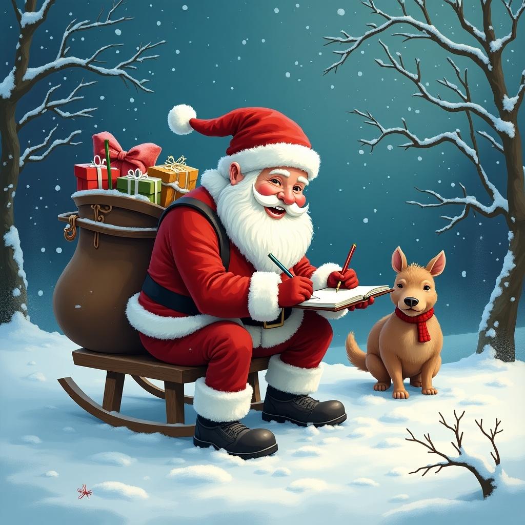 Santa sitting on a sleigh, writing in the snow with gifts nearby. A dog is sitting by his side. Background has snowy trees.