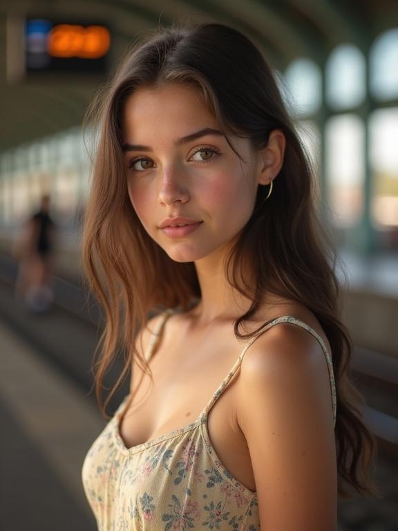 Teen girl in a sundress at a train station. She has a beautiful face with soft features. Light is natural and soft. The setting is urban and lively. She appears engaged and content.
