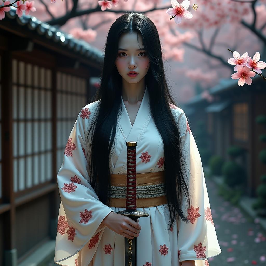 Standing image of a Japanese ghost. Full body view. Pale flawless skin. Long black hair. White Yukata kimono with red sakura patterns. Detailed fabric with embroidery. Belt wrapped around waist. Holds a samurai sword. Intense expression. Traditional Japanese background with sakura trees.