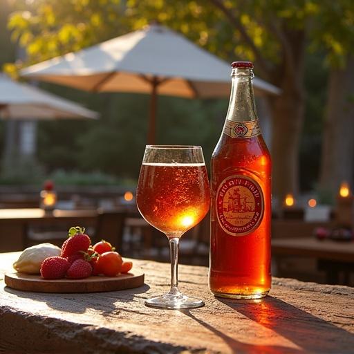 Table on bar terrace featuring a glass of sangria and a bottle of beer with fruits on a plate