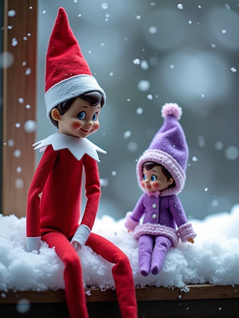 Elf on shelf at the north pole with small sister elf wearing a purple outfit. Snow falling with a message in the snow expressing love and anticipation for next year.