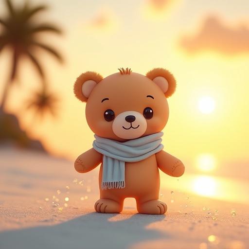 A soft teddy bear in chibi plushie style stands on white sand beach during golden hour. The bear has round shiny eyes and a soft smile. It wears a cozy light scarf fluttering. Palm trees are in the background against a golden sky. The angle is low with a wide view showing more of the beach and sky.