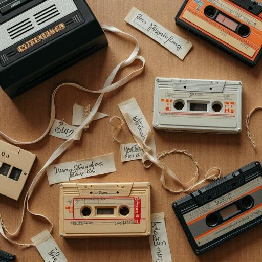 Nostalgic flat lay of vintage audio cassette tapes with handwritten labels. Tapes scattered over a brown textured surface. Unspooled magnetic tape is tangled across the scene. Retro cassette player suggests bygone era of analog music. Warm and sepia-toned color palette evokes 1980s or early 1990s aesthetics. Mood is nostalgic and artistic, capturing charm of pre-digital music culture.