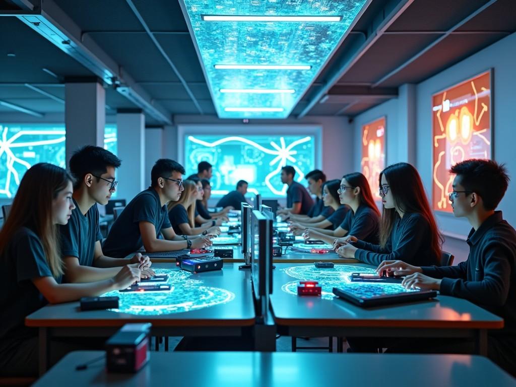 students studying in a high-tech classroom with digital screens and futuristic equipment