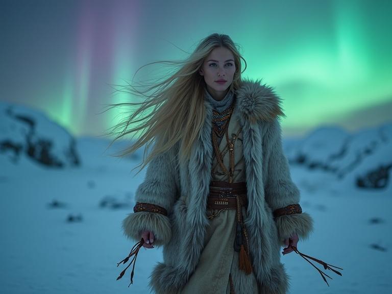 Cinematic scene of a stunning blonde woman with long hair in Arctic wind. She walks on frozen tundra with ice ridges. Wears a handcrafted fur parka with indigenous patterns. Auroras in shades of green, purple, pink, blue swirl in dark sky. Magical and serene atmosphere illuminated by moonlight. Highly detailed textures and dramatic lighting. Wide-angle cinematic composition.