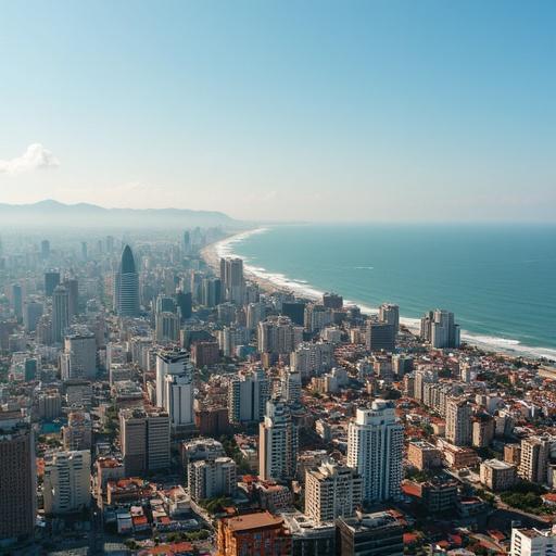 A beautiful aerial panoramic view of Cartagena de Indias. The image shows a vibrant coastal city skyline with ocean stretching into the distance. Clear blue skies and bright sunlight illuminate the buildings and landscape.