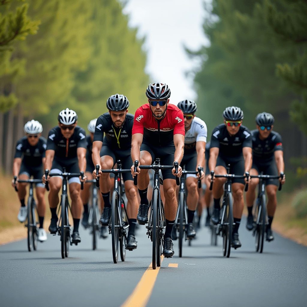 A group of cyclists riding in formation along a tree-lined road.