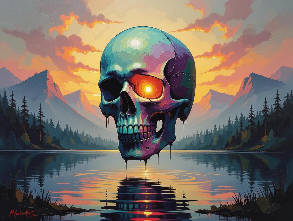 Masterpiece sculptural oil painting depicting a levitating skull over a misty lake. Thick impasto technique with sharp palette knife strokes creates a chaotic form. A glowing core shines from within the skull, contrasting against a rich sunset sky and dark forest backdrop.