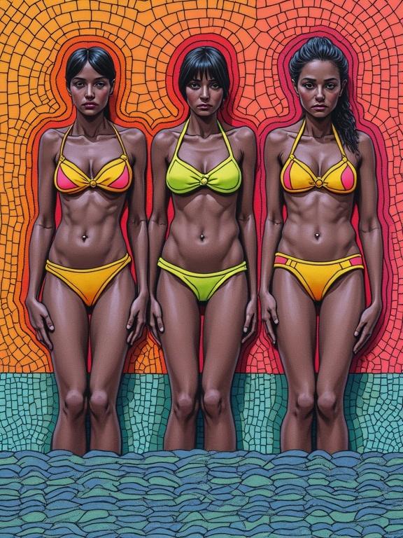 Stylized human bodies wearing bikinis in various ages. Figures emerge from a patterned background. Inspired by Bridget Riley and Victor Vasarely. Displays optical illusions, color gradients, and layered visuals.