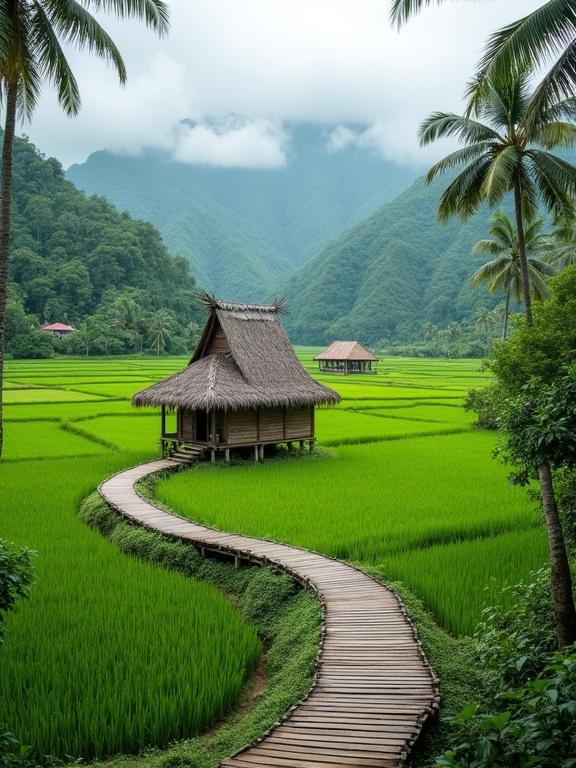 Breathtaking scene from tropical countryside. Winding wooden footpath through green rice terraces. Traditional wooden hut with thatched roof on small island. Calm reflective waters. Mist in valley with another hut. Lush palm trees and dense jungle foliage enhance beauty.