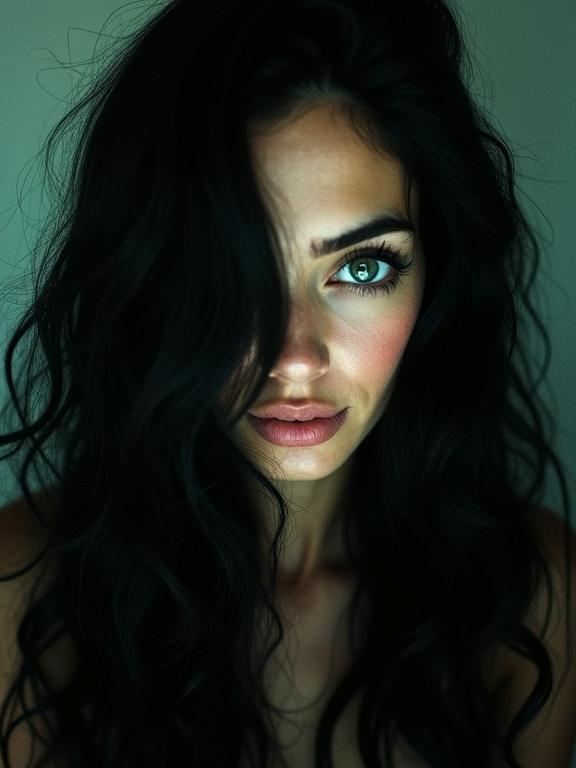 A gritty dark pinhole photo of a beautiful artist with long black hair. Hair draped over the left eye in bouncy waves. Vibrant dark teal eyes staring at the camera. A knowing smile.