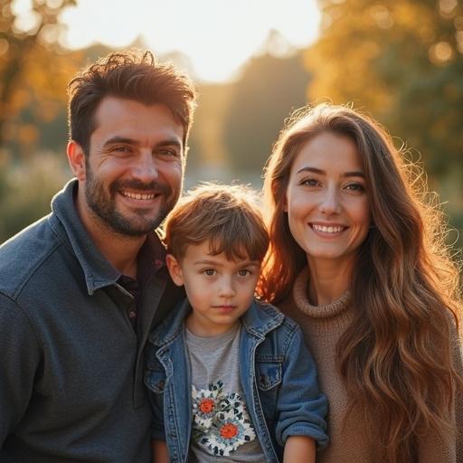 Family portrait in warm sunlight with a father, mother, and young son outdoors. All are smiling and looking happy.