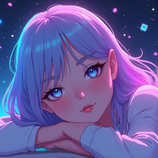 Anime goddess with a tired yet ethereal aura. Reclining head thoughtfully on hand. Long hair flows like digital streams. Colors include electric blue, neon pink, purple, and cyan. Eyes half-lidded with a sly smile. Soft sparkles drift around. Animation gives life to her charismatic expression in a futuristic anime style.