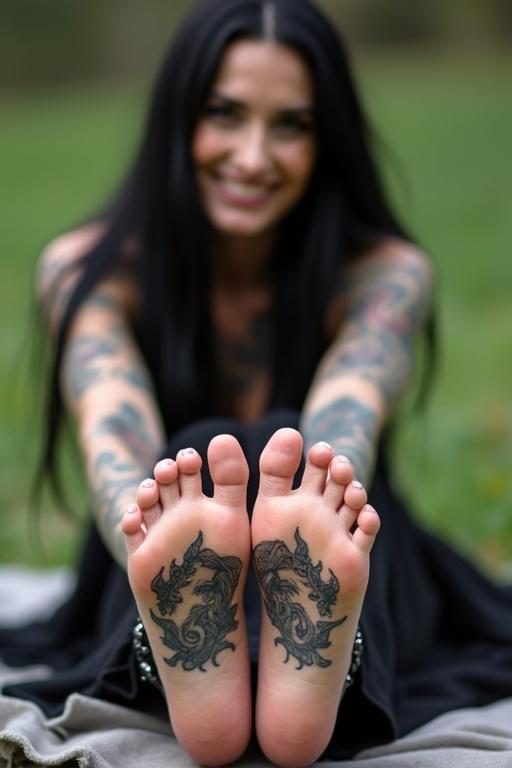 Mature goth woman with long black hair shows tattooed soles of bare feet. She sits on a blanket outdoors. The feet are the main focus. She smiles.