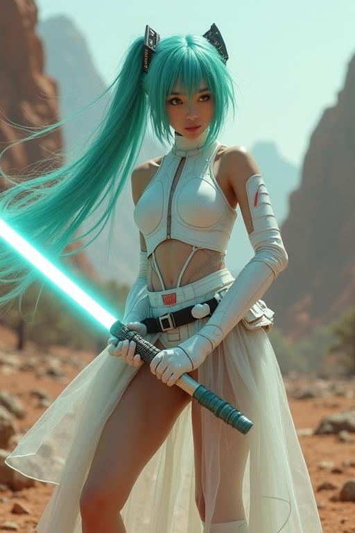 A young woman inspired by Hatsune Miku wears transparent white armor. She wields a turquoise lightsaber. She stands on a battlefield in a scorched forest. The background features rocky formations and dry terrain.