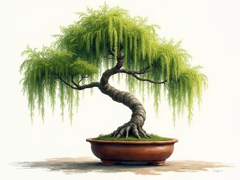 Fine art painting of a weeping willow bonsai tree. Artwork is realistic and high contrast. Hand painted with acrylics. The tree features long curvy branches with sparse leaves. The trunk is highly asymmetric and leans. The tree is in a simple clay pot on a clean background.