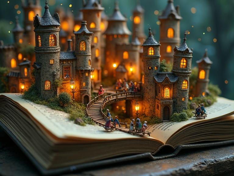 Miniature city nestled in old book. Tiny civilization with glowing windows, rope bridges, and magical lanterns. Intricate detail, dreamlike quality.