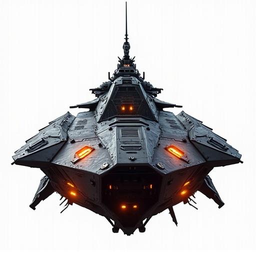 A galactic cargo transport seen from the front with a unique design, spiky features, and glowing orange lights, set against a dark and starry background.