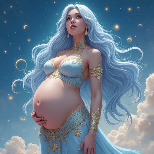 Anime-style fantasy goddess with glowing pregnant belly. Large breasts and curvy hips. Long silver-blue hair and glowing eyes. Wears celestial gown decorated with golden runes. Serene and majestic expression. Background is starry sky with rings of light.
