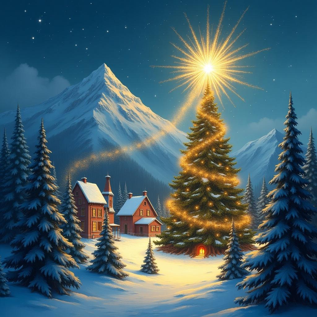 golden star with a bright trail crossing a snowy mountain of fir trees zigzagging, arriving at a Christmas town illuminating a huge tree in the town square and exploding in the top of the tree