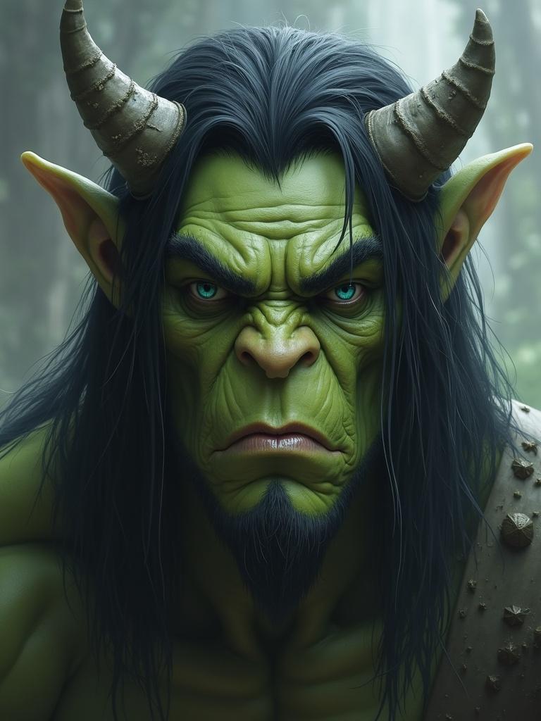 Large dull-looking orc with light green skin. Character has black hair and blue eyes. Horns protrude from head. Orc appears powerful. Background features soft focus and blurred elements.