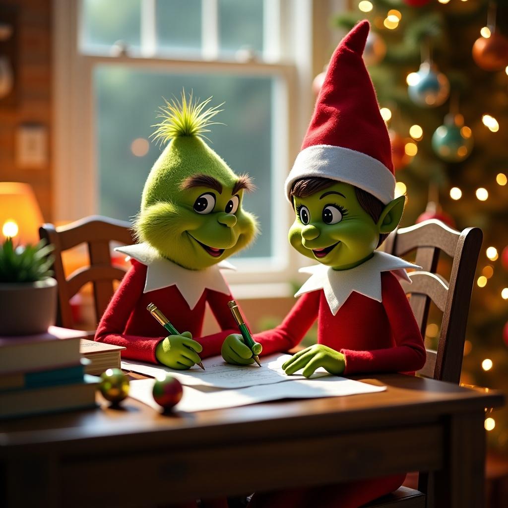 The Grinch and an Elf on the Shelf writing together at a table. A cozy setting with holiday decorations in the background and a focus on creativity during Christmas.