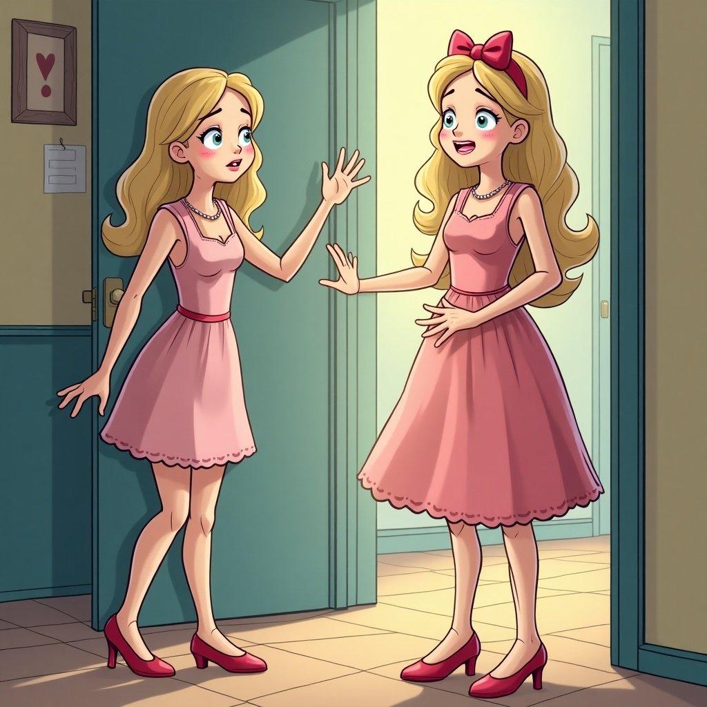 Illustration of two girls in pink dresses in an apartment. One girl is waving while the other looks joyful. The scene appears friendly and whimsical.