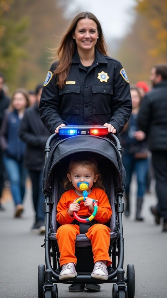 Mother walks with child in stroller among crowd. Mother wears jail guard uniform. Child dressed in orange jumpsuit. Stroller equipped with police lights. Crowd appears lively.
