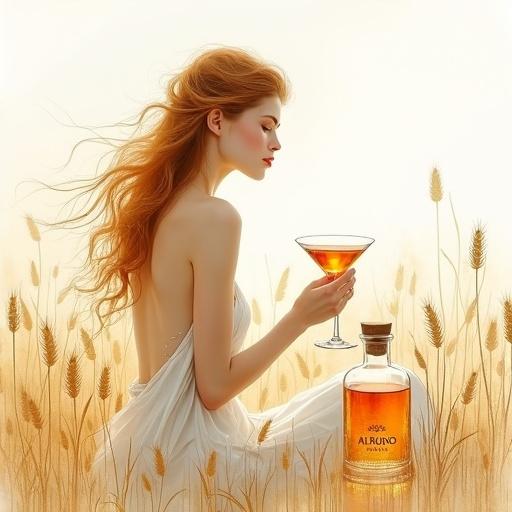 Minimalist ink and watercolor painting of a topless Ceres goddess with flowing hair. She is seated in a barley field under soft light. A cocktail glass in hand at chest level. An apothecary bottle nearby labeled 'ALFRUNO'. The style is inspired by Japanese watercolor with limited colors.
