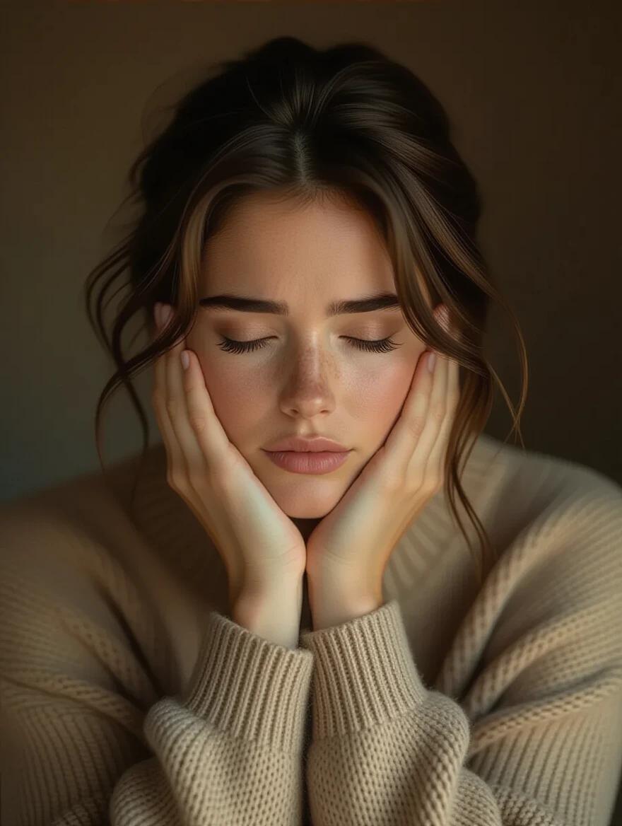 Person with closed eyes sitting with hands on face. The expression shows exhaustion and dignity. Soft natural lighting enhances warmth. Portrait uses earth tones. The setting conveys emotional honesty and vulnerability.