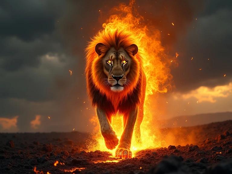 Majestic lion walks forward on dark volcanic ground. Mane and body engulfed in realistic fire flames. Eyes shine with golden light. Sparks and embers fly around. Molten cracks beneath feet. Detailed fur texture transforming into fire. Dark stormy sky in background. Ultra-realistic style. High dynamic range. Vertical composition.