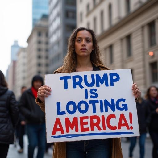 Empowering protester holds a demonstration sign in urban setting. The sign says Trump is Looting America.