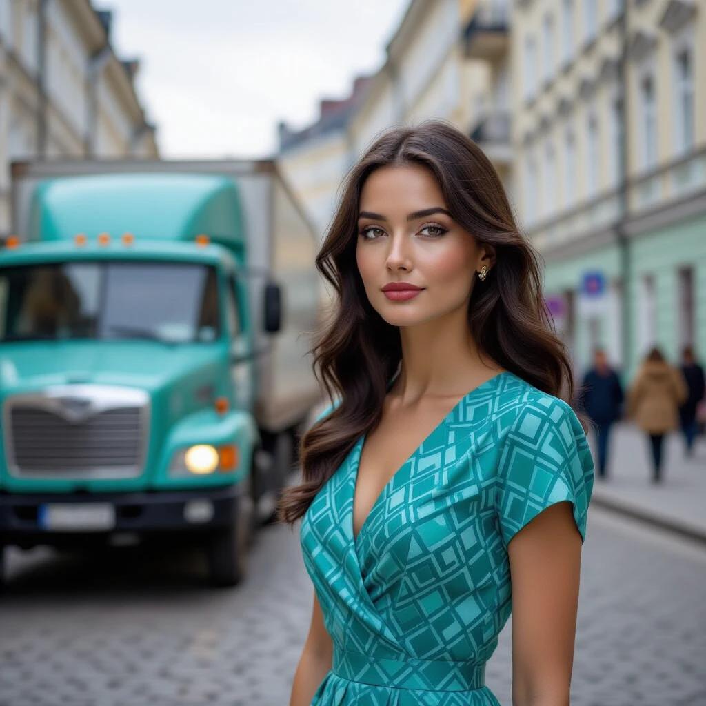 Street portrait capturing a slim woman. Background features a large truck with people around. Woman has captivating brown eyes and delicate features. Long flowing black hair and wearing a short Art Deco-inspired dress. Authentic urban background of weathered pastel apartment blocks and cobblestone streets. Captured spontaneously with a focus on eyes and facial details. Soft natural lighting with a dreamy bokeh background. Grainy 1980s film aesthetic.