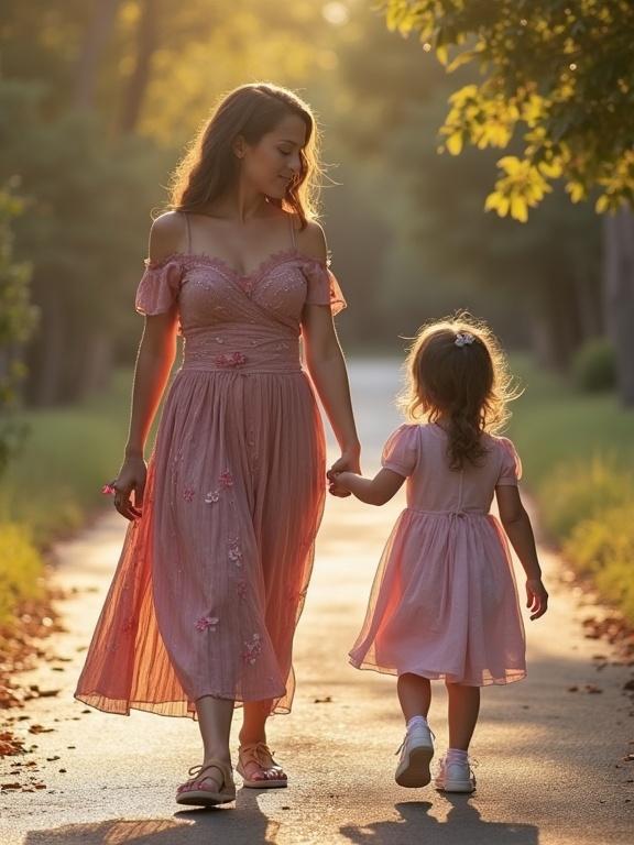 Family photo shows a mother and daughter walking hand in hand. Mother wears a stunning pink dress with a beautiful neckline. Daughter wears a matching pink outfit. Background features soft lighting and greenery.