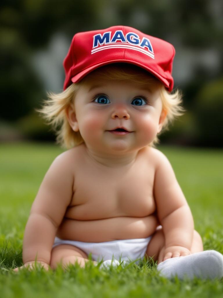 Photograph of a baby wearing a red MAGA cap. Baby sits on grass. The background shows a garden or lawn setting.