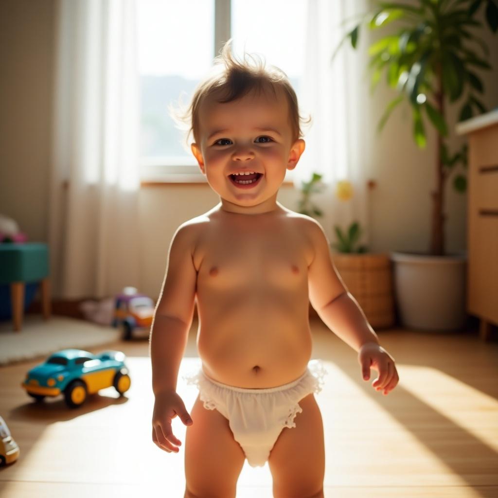 A smiling toddler is at home, wearing a diaper. The child stands confidently, radiating joy. Sunlight pours through the window, illuminating the space. Toys are scattered on the floor, creating a playful ambiance. The setting showcases the warmth and innocence of early childhood. This moment captures the happiness of being at home during playtime.