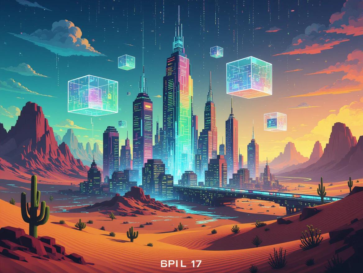 Futuristic digital world with pixelated landscapes and sci-fi architecture. A city rises from an 8-bit desert with holographic buildings. Floating transparent cubes have ecosystems. Oversized chips form bridges. Glitching vines wrap around skyscrapers. Sky shows data streams and circuit-like clouds. Colors are iridescent greens, radiant teals, molten oranges. Lighting includes volumetric shadows and digital rain. Aerial drone shot shows depth and symmetry.