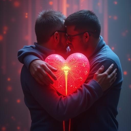 Intimate hug between two people. Heart-shaped glowing object in the center. Warm ambient colors. Romantic and emotional atmosphere.