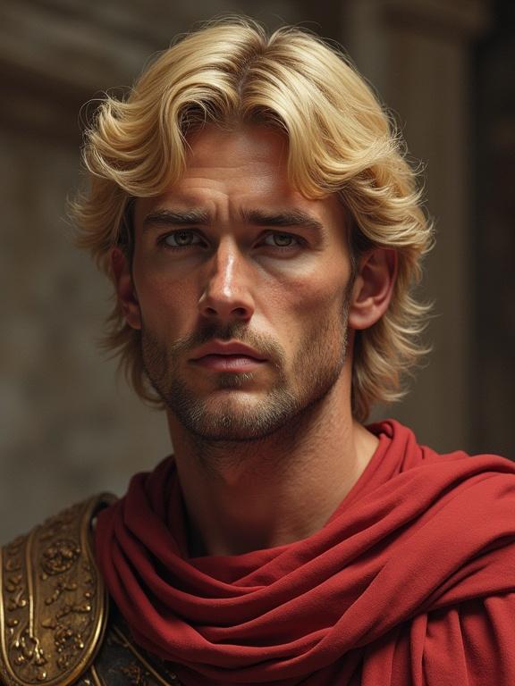 A portrait of a Roman emperor with mid-length blonde hair. The subject has a smooth jaw and a shaven face. The emperor wears a red cloak and displays a serious expression.