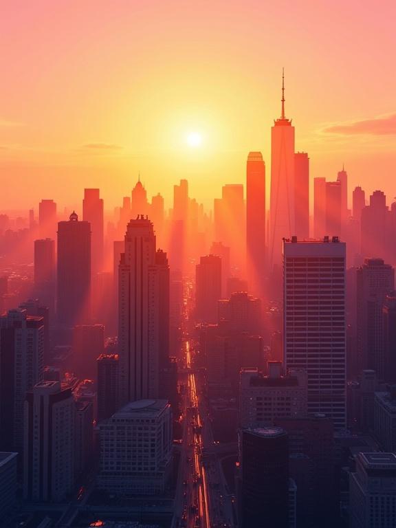 Vibrant cityscape during golden hour featuring warm tones. Skyscrapers casting long shadows. Sky shows gradient from pink to orange.
