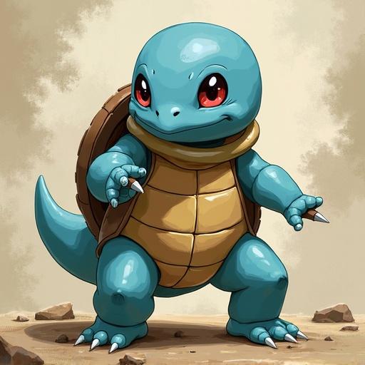 A Squirtle character depicted as a Dungeons & Dragons ranger with a determined expression. Wearing a ranger's outfit, showcasing armor and gear. Standing confidently with a slight smile.