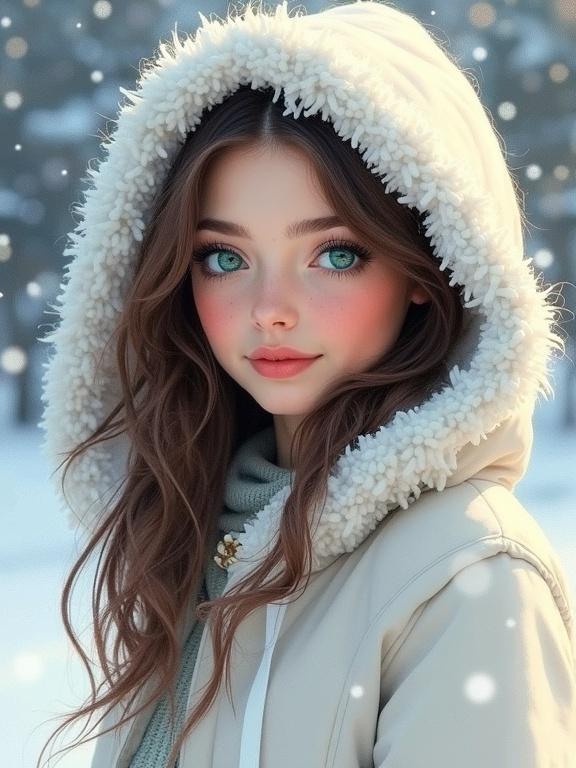 Lovely portrait of a young woman. Chocolate brown hair. Aqua green eyes. Wearing a hooded white fur coat. Winter scenery in the background. Soft magical light effect.