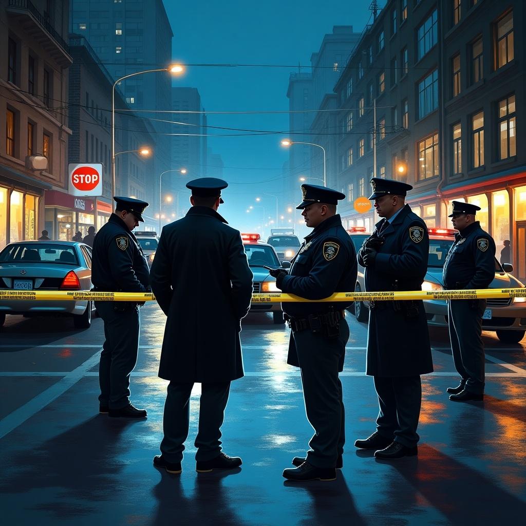 The image depicts a dramatic scene of police officers investigating a crime in an urban setting. It is set at night, with a moody and tense atmosphere. A group of officers is gathered around, wearing traditional police uniforms and engaged in discussion. The street is illuminated by city lights, adding to the sense of urgency. Police cars are parked behind them, and the cityscape looms in the background, conveying a sense of order amidst chaos. The focus is on the officers, emphasizing their role in maintaining public safety.