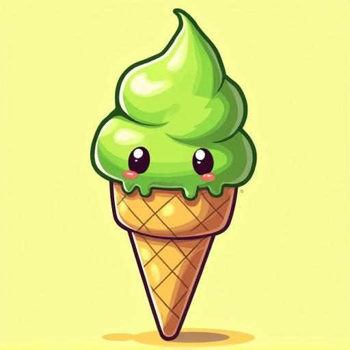 Ice cream cone character in a chibi style. Dominant green-yellow color palette. Cute facial expression. Simple background.