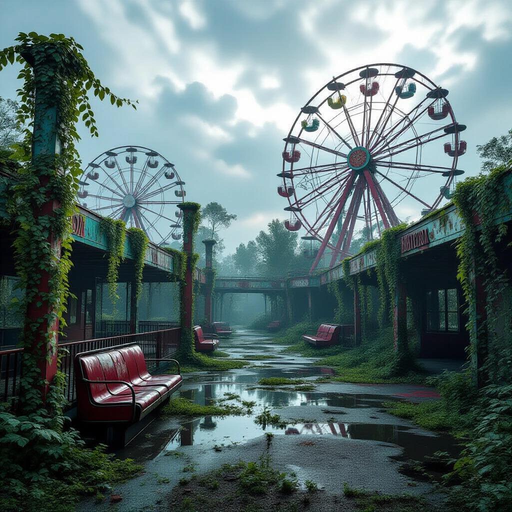 Deserted theme park covered in vines and wildlife. Rusting amusement rides and empty pathways are visible. The scene is hyper-realistic and cinematic. Image created in high resolution with 8K quality.